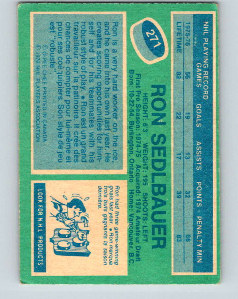 1976-77 O-Pee-Chee #271 Ron Sedlbauer RC Rookie Canucks V12676