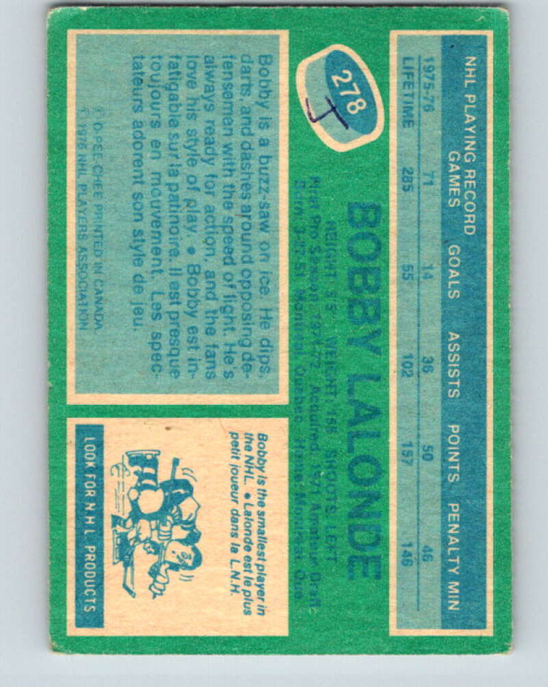1976-77 O-Pee-Chee #278 Bobby Lalonde Vancouver Canucks V12687