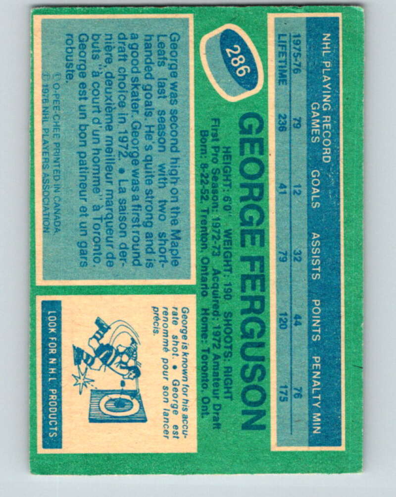 1976-77 O-Pee-Chee #286 George Ferguson Toronto Maple Leafs V12715