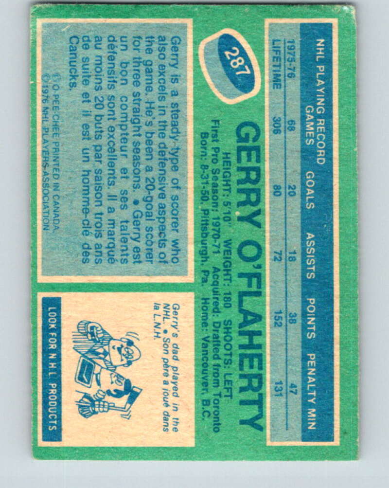 1976-77 O-Pee-Chee #287 Gerry O'Flaherty Vancouver Canucks V12716