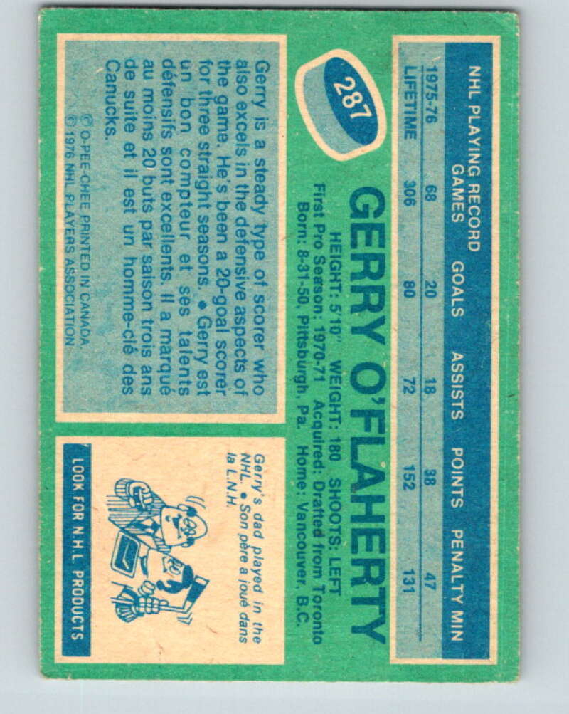 1976-77 O-Pee-Chee #287 Gerry O'Flaherty Vancouver Canucks V12717