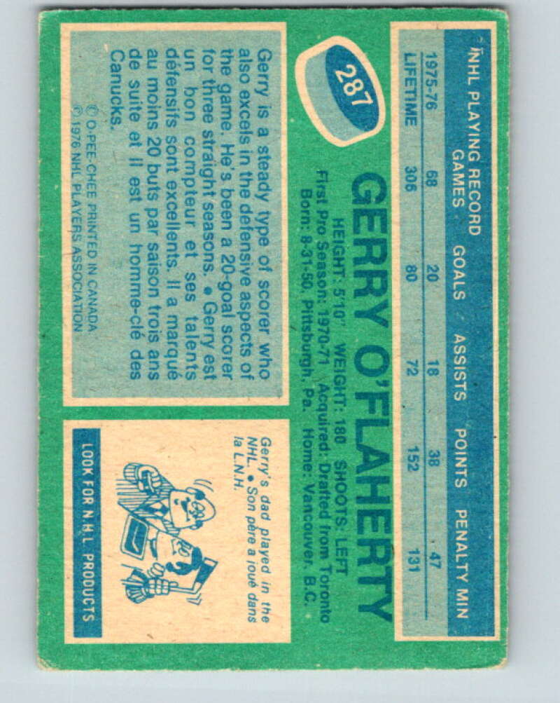 1976-77 O-Pee-Chee #287 Gerry O'Flaherty Vancouver Canucks V12720