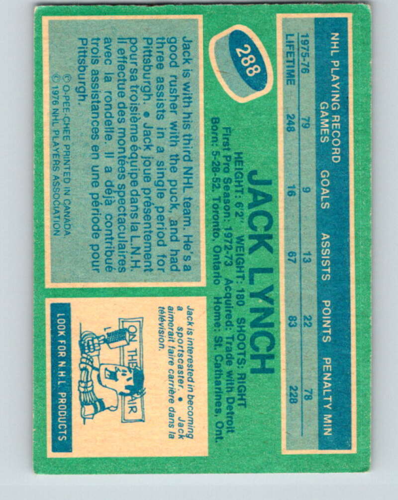 1976-77 O-Pee-Chee #288 Jack Lynch Washington Capitals V12722