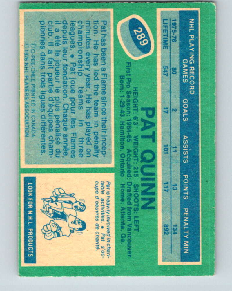 1976-77 O-Pee-Chee #289 Pat Quinn Atlanta Flames V12723