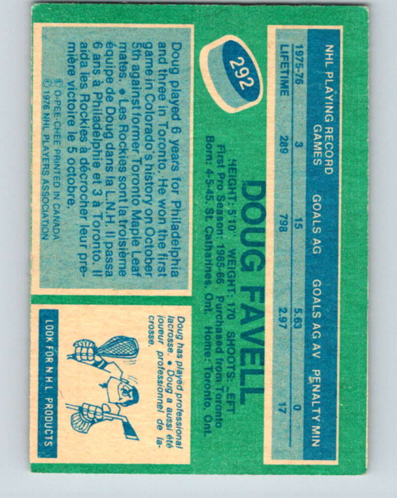 1976-77 O-Pee-Chee #292 Doug Favell Colorado Rockies V12728