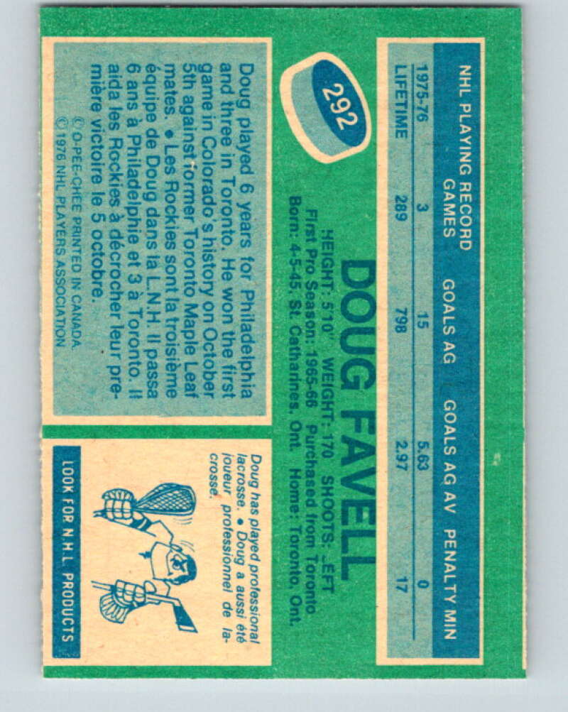 1976-77 O-Pee-Chee #292 Doug Favell Colorado Rockies V12730