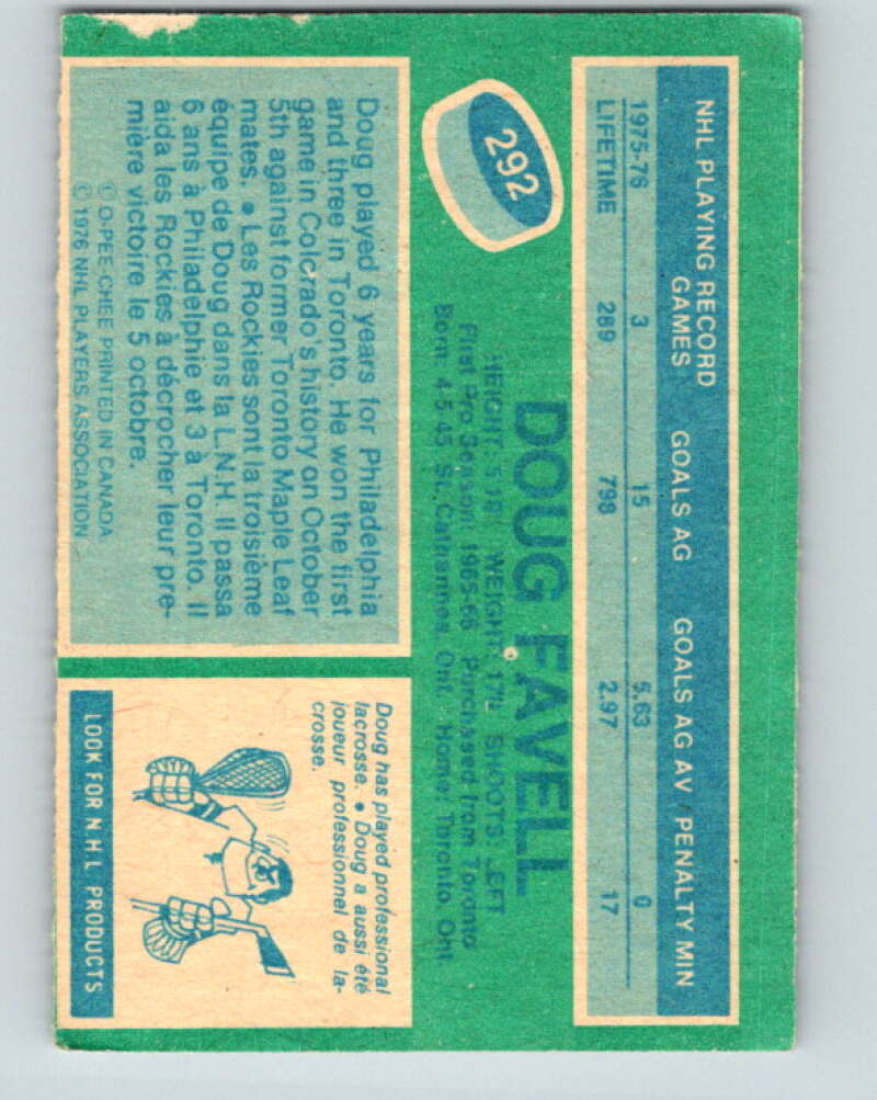 1976-77 O-Pee-Chee #292 Doug Favell Colorado Rockies V12732