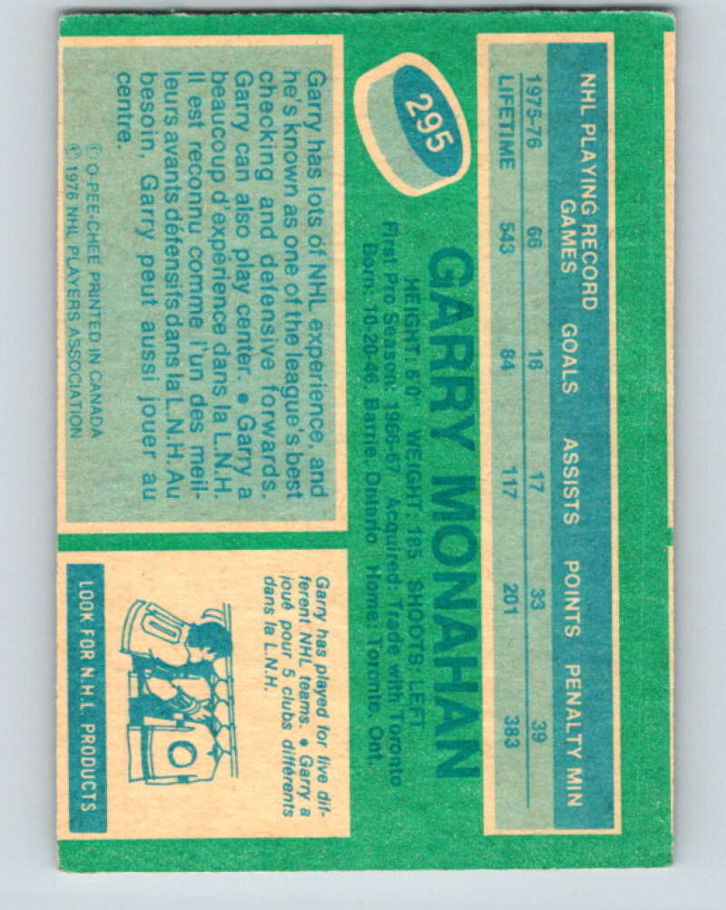 1976-77 O-Pee-Chee #295 Garry Monahan Vancouver Canucks V12735