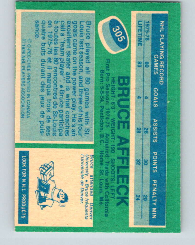 1976-77 O-Pee-Chee #305 Bruce Affleck RC Rookie St. Louis Blues V12755