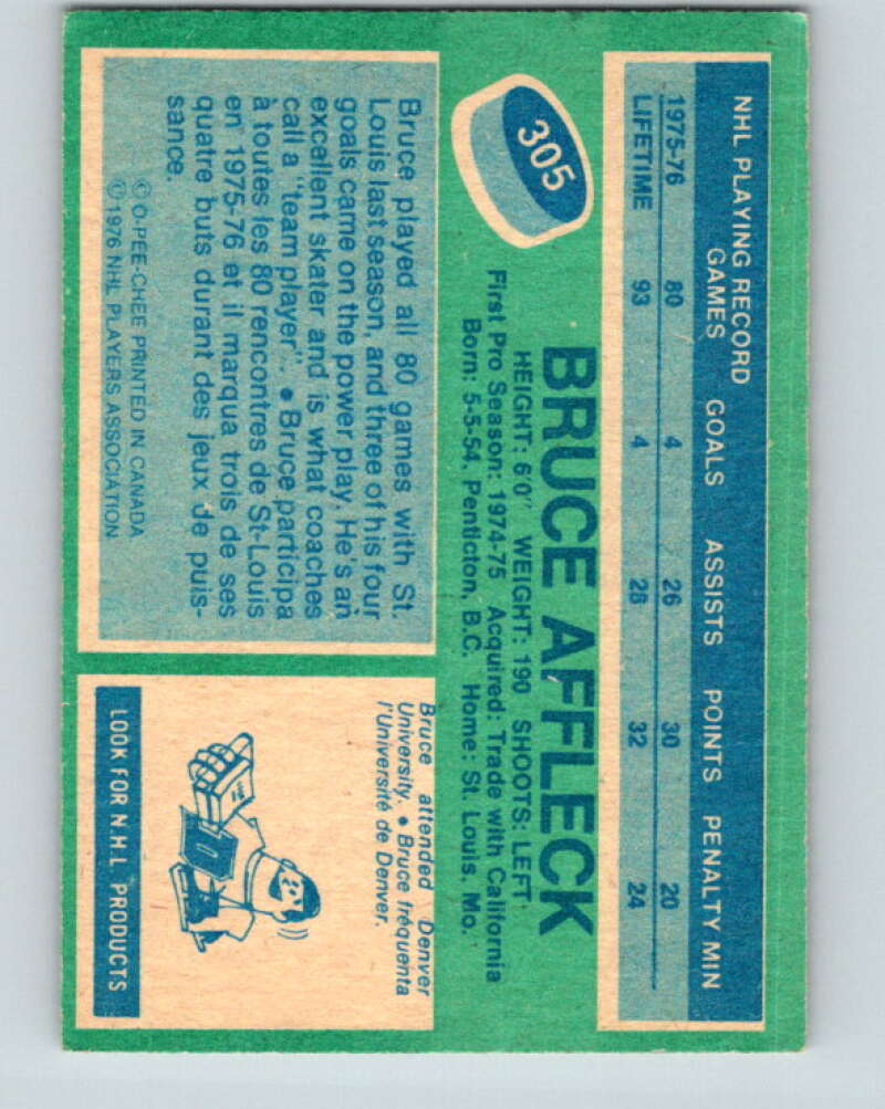 1976-77 O-Pee-Chee #305 Bruce Affleck RC Rookie St. Louis Blues V12756