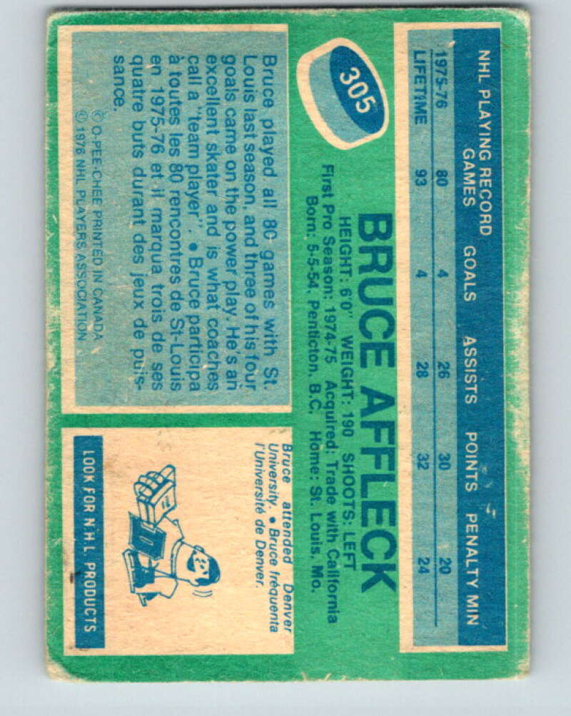 1976-77 O-Pee-Chee #305 Bruce Affleck RC Rookie St. Louis Blues V12757