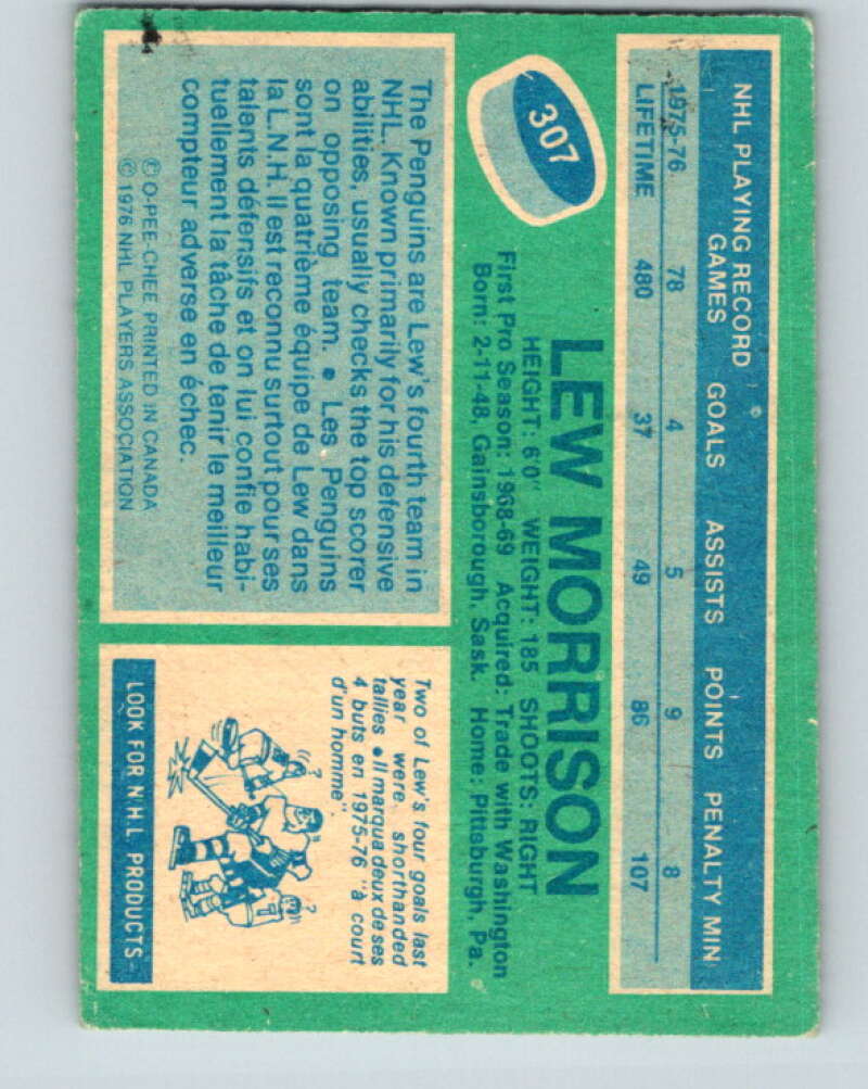 1976-77 O-Pee-Chee #307 Lew Morrison Pittsburgh Penguins V12758