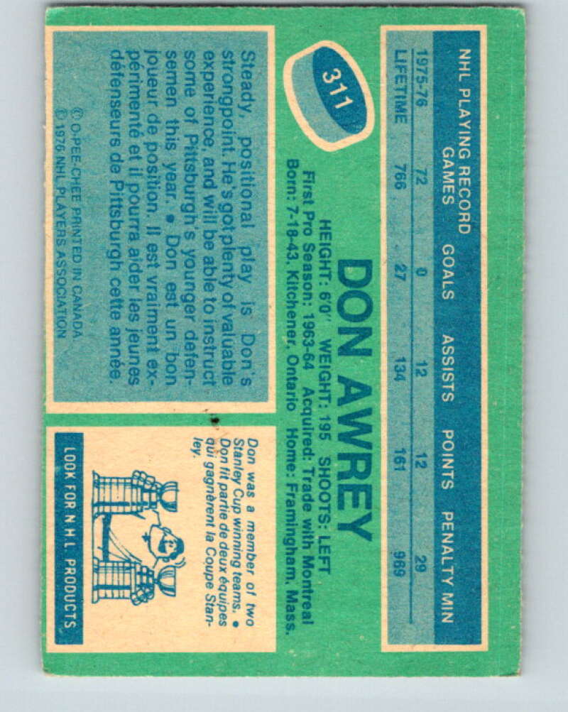 1976-77 O-Pee-Chee #311 Don Awrey Pittsburgh Penguins V12766