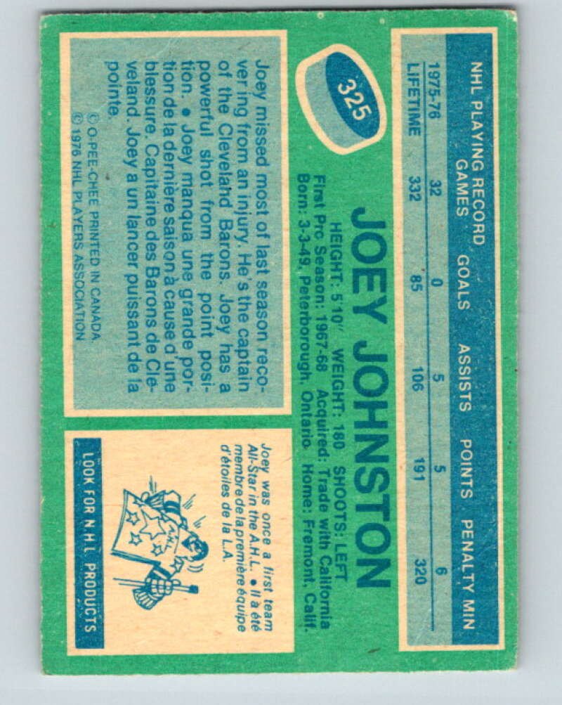1976-77 O-Pee-Chee #325 Joey Johnston Chicago Blackhawks V12796