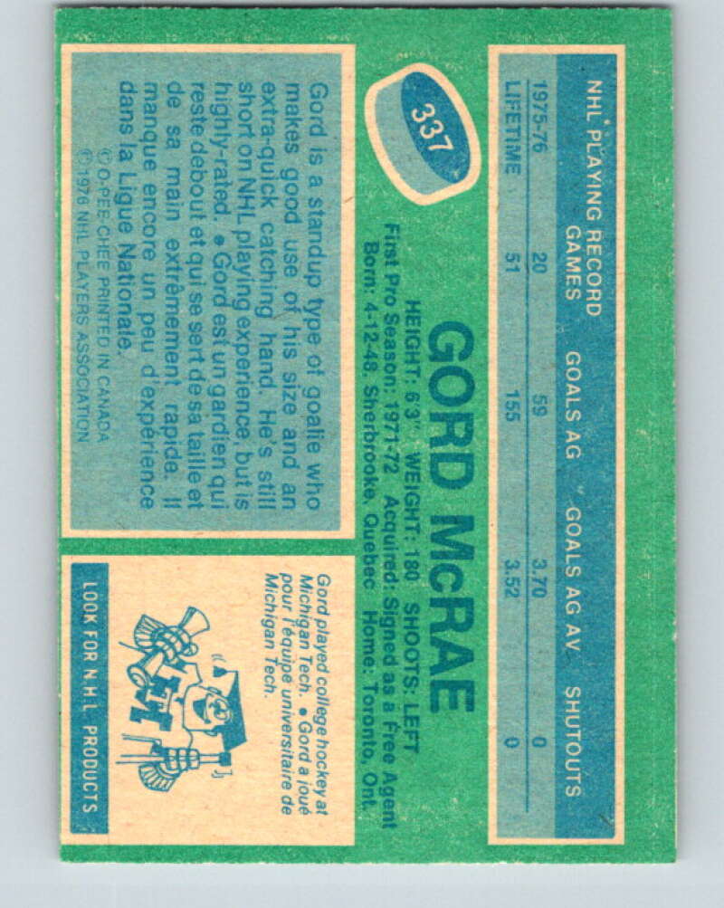 1976-77 O-Pee-Chee #337 Gord McRae Toronto Maple Leafs V12832