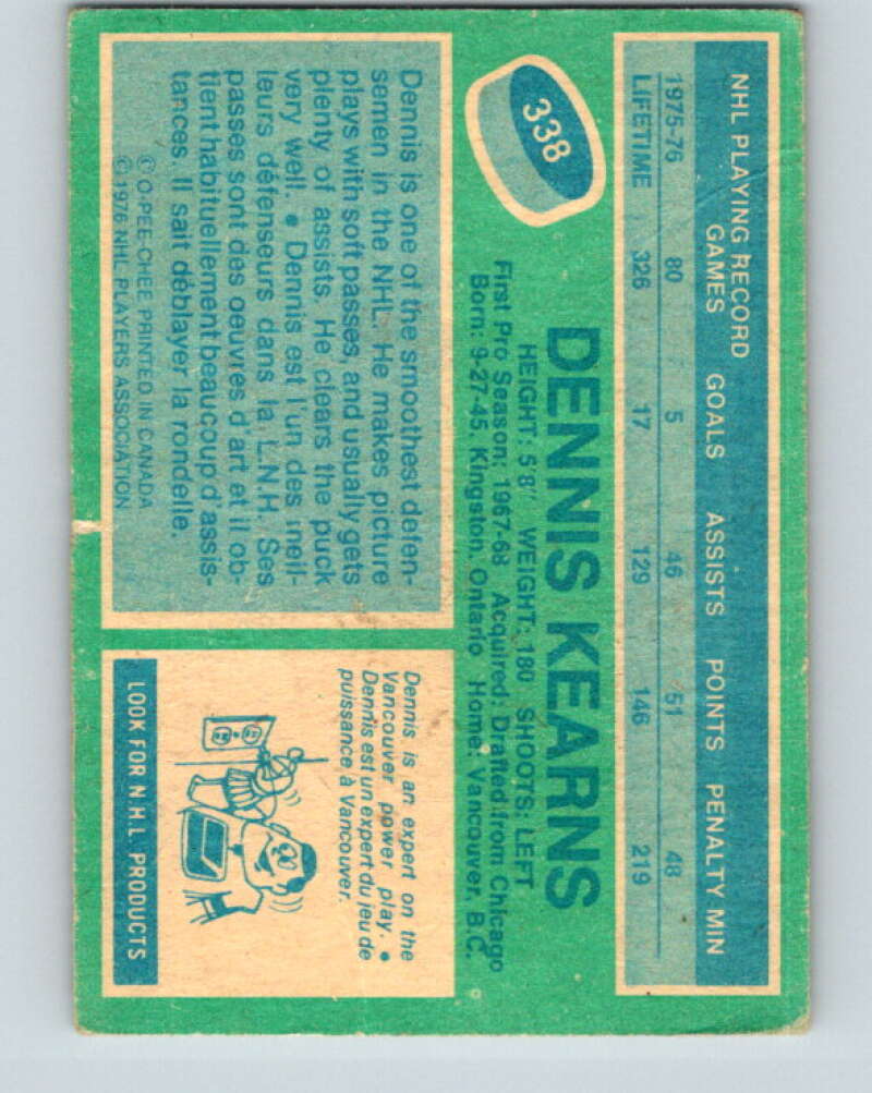 1976-77 O-Pee-Chee #338 Dennis Kearns Vancouver Canucks V12834