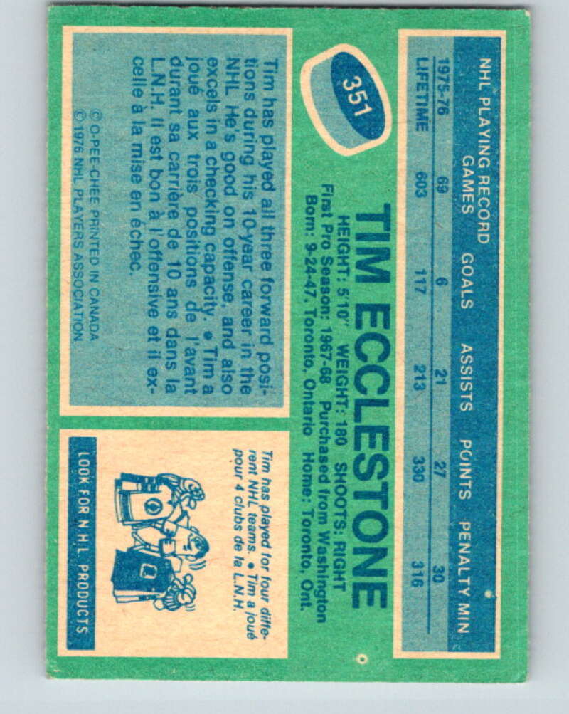 1976-77 O-Pee-Chee #351 Tim Ecclestone Atlanta Flames V12851