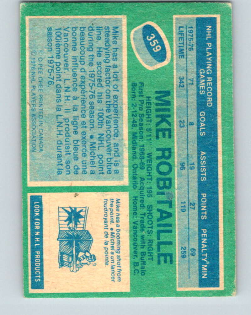 1976-77 O-Pee-Chee #359 Mike Robitaille Vancouver Canucks V12867