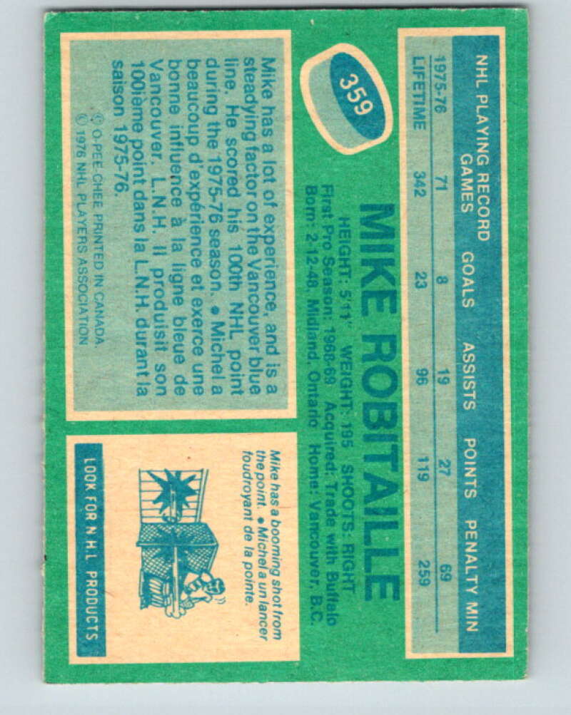 1976-77 O-Pee-Chee #359 Mike Robitaille Vancouver Canucks V12868