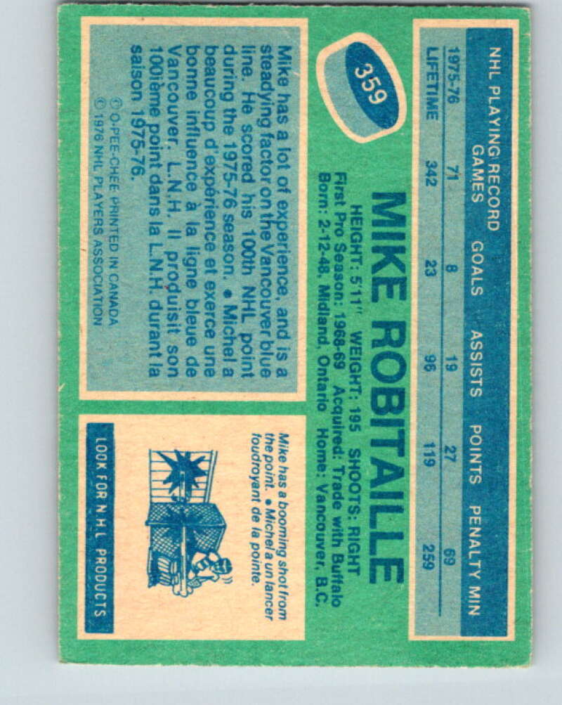 1976-77 O-Pee-Chee #359 Mike Robitaille Vancouver Canucks V12869