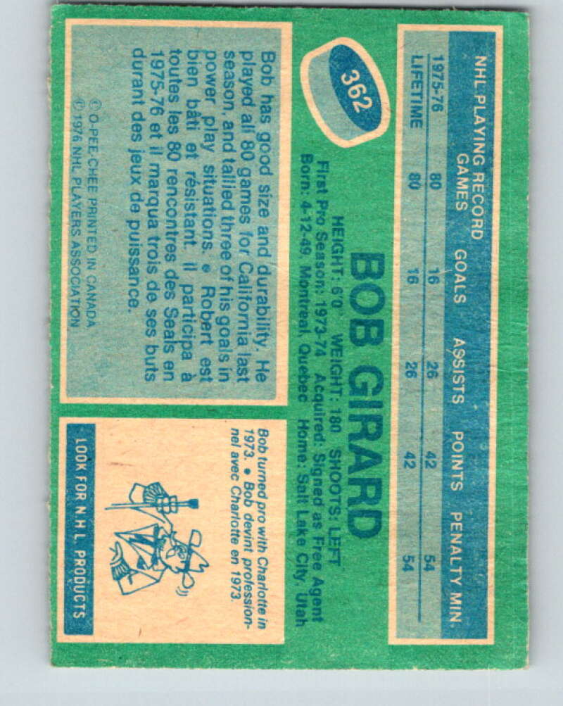 1976-77 O-Pee-Chee #362 Bob Girard RC Rookie Cleveland Barons V12875