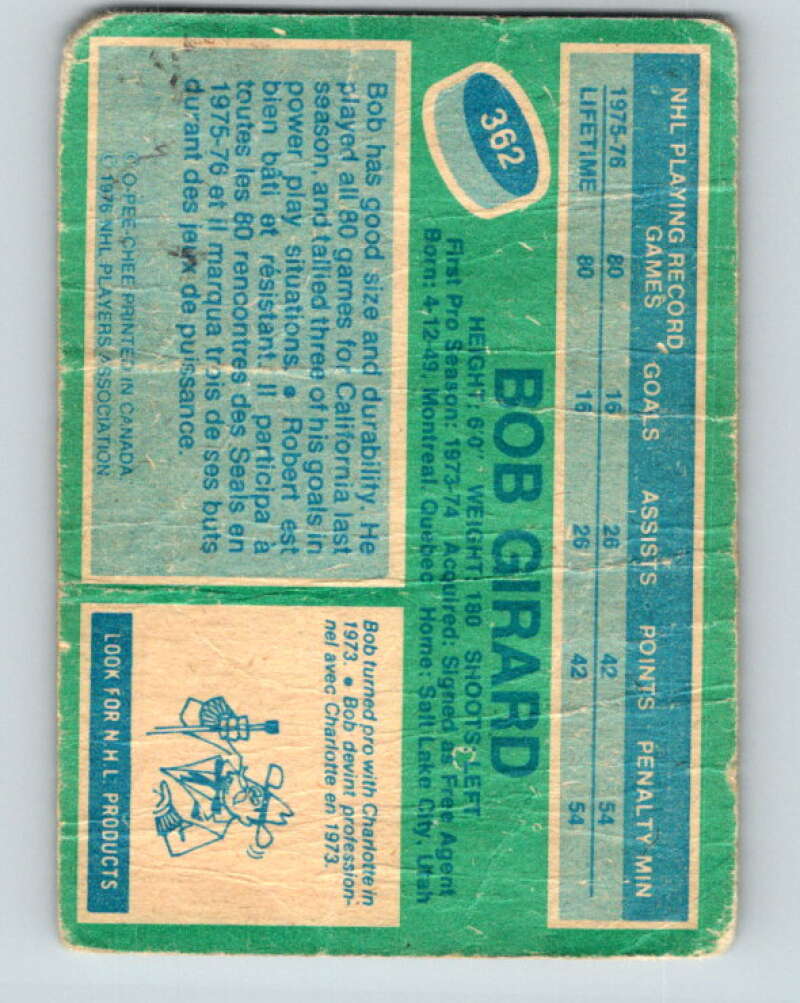 1976-77 O-Pee-Chee #362 Bob Girard RC Rookie Cleveland Barons V12876