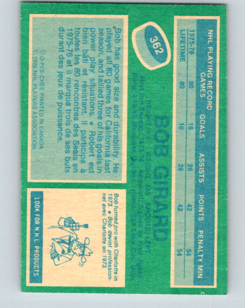 1976-77 O-Pee-Chee #362 Bob Girard RC Rookie Cleveland Barons V12877