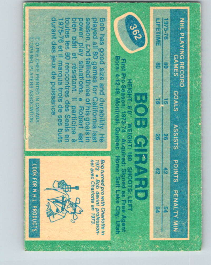 1976-77 O-Pee-Chee #362 Bob Girard RC Rookie Cleveland Barons V12878