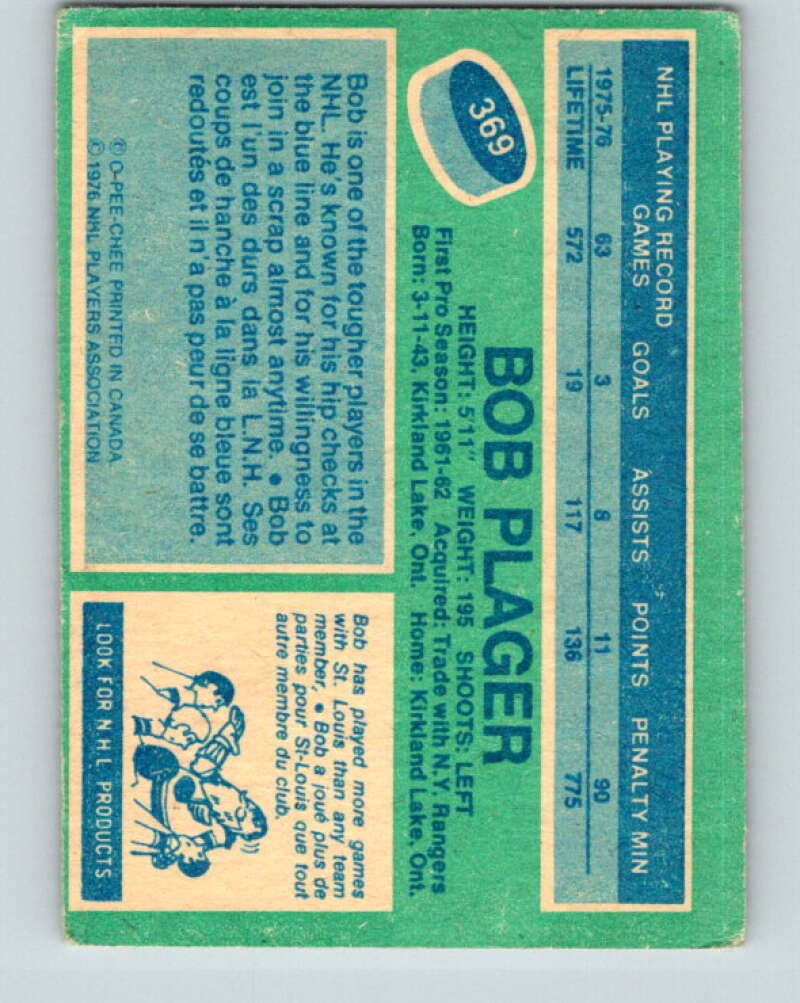 1976-77 O-Pee-Chee #369 Bob Plager St. Louis Blues V12892