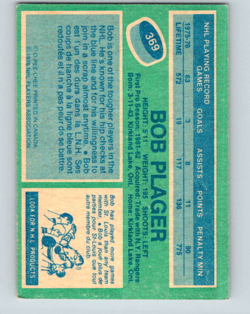 1976-77 O-Pee-Chee #369 Bob Plager St. Louis Blues V12894