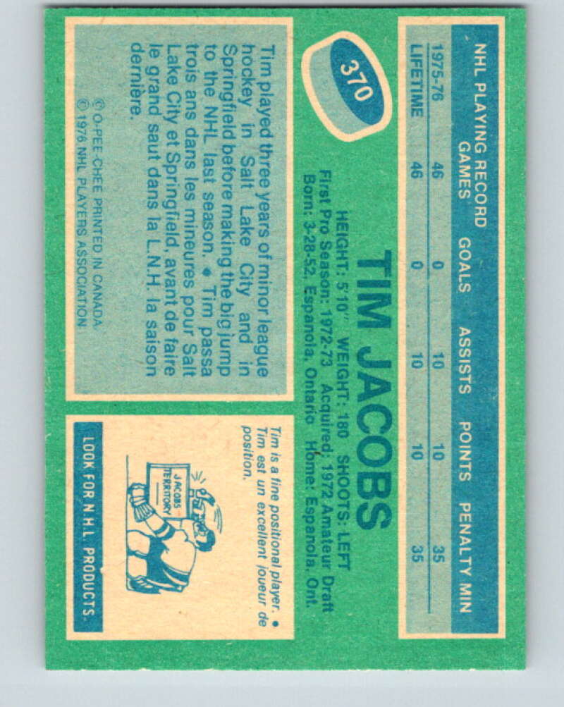 1976-77 O-Pee-Chee #370 Tim Jacobs RC Rookie Cleveland Barons V12898