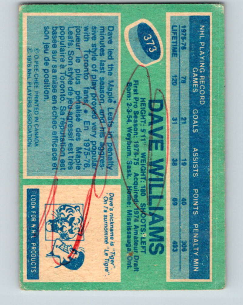 1976-77 O-Pee-Chee #373 Tiger Williams RC Rookie Toronto V12906
