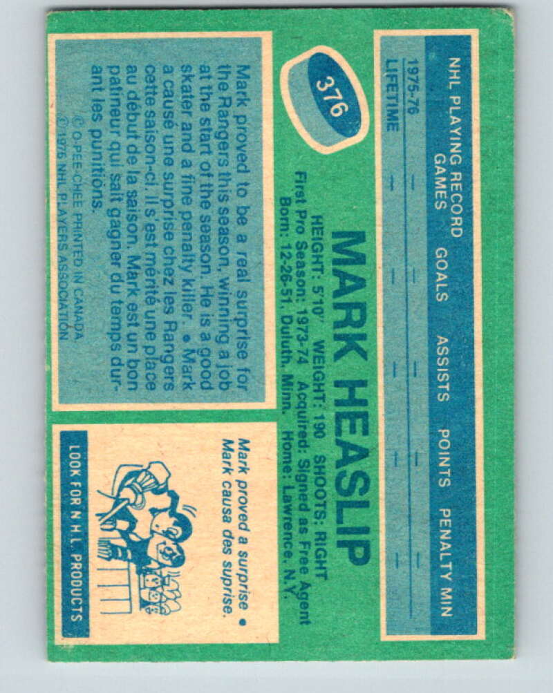 1976-77 O-Pee-Chee #376 Mark Heaslip RC Rookie New York Rangers V12912
