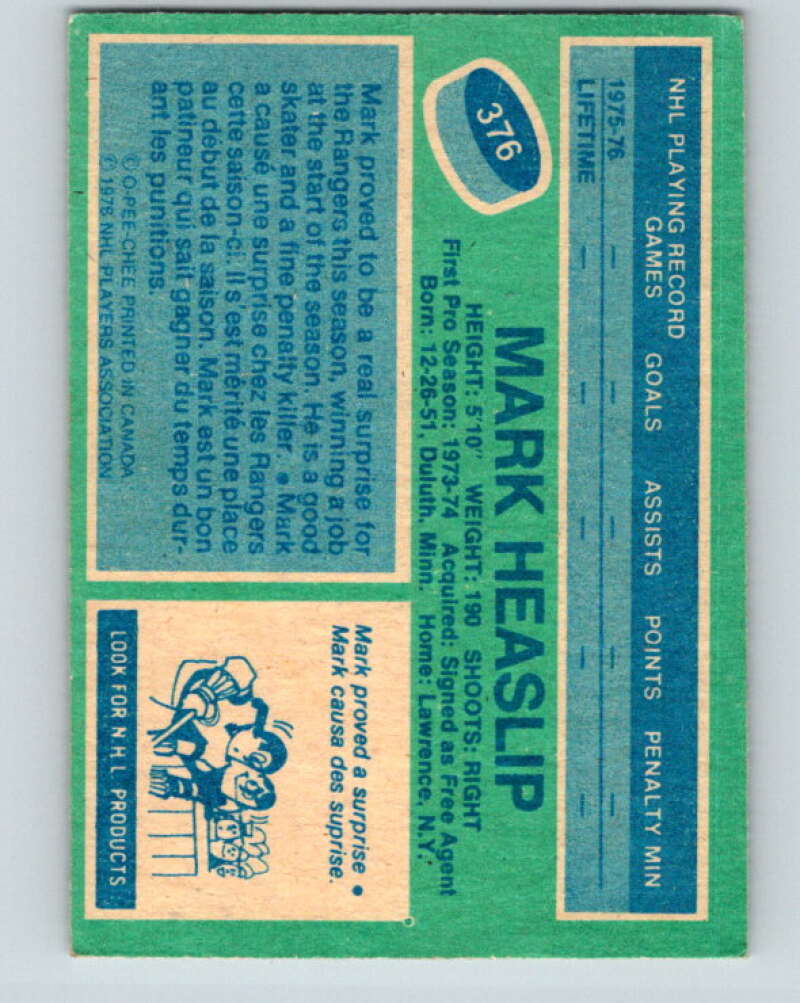 1976-77 O-Pee-Chee #376 Mark Heaslip RC Rookie New York Rangers V12913