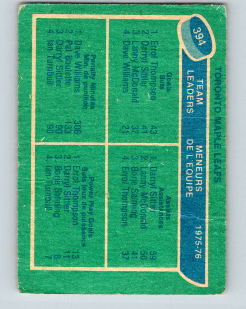 1976-77 O-Pee-Chee #394 Thompson/Sittler/Williams TL V12926
