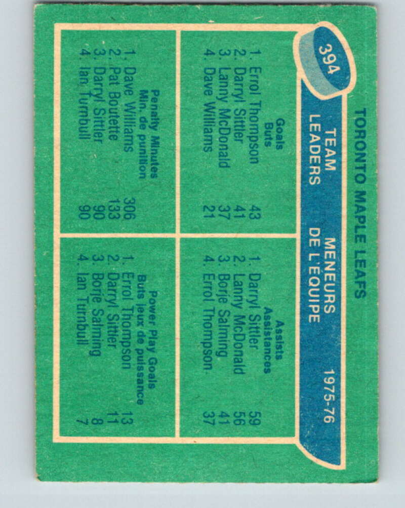 1976-77 O-Pee-Chee #394 Thompson/Sittler/Williams TL V12927