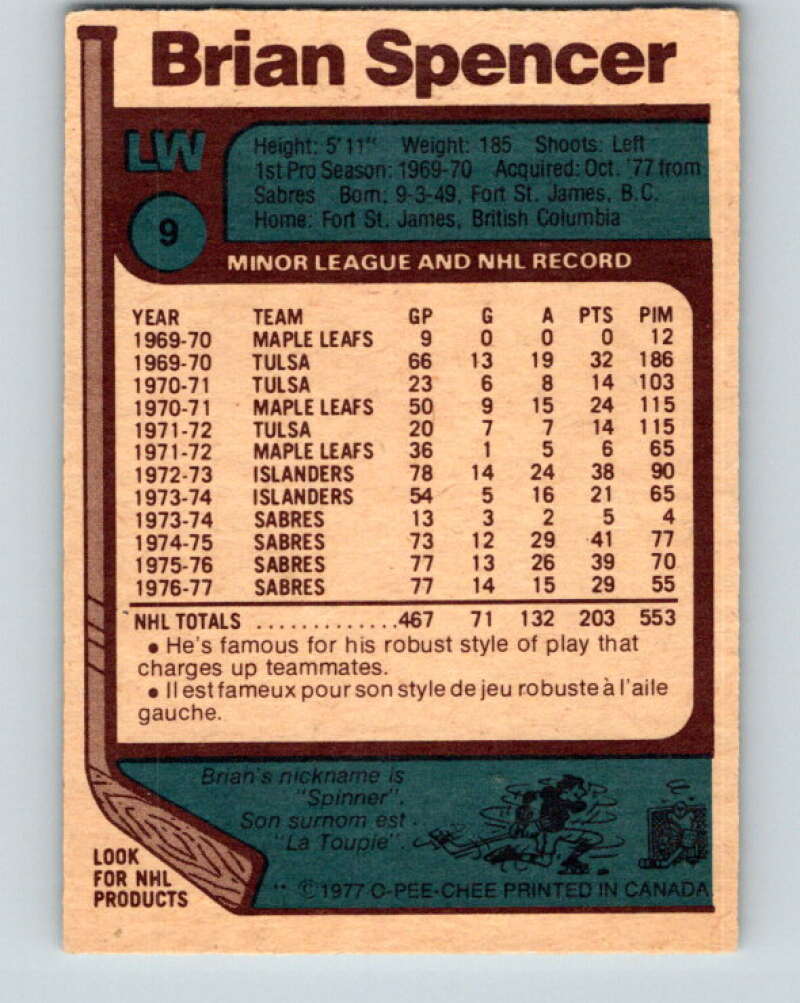 1977-78 O-Pee-Chee #9 Brian Spencer Pittsburgh Penguins V12967