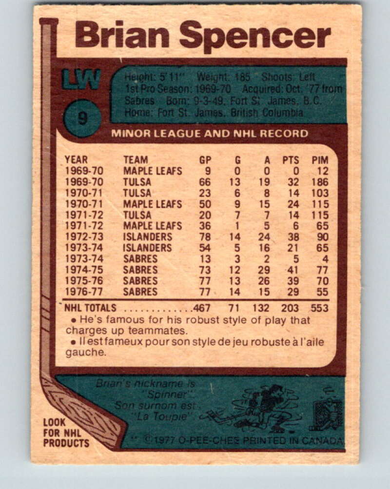 1977-78 O-Pee-Chee #9 Brian Spencer Pittsburgh Penguins V12969