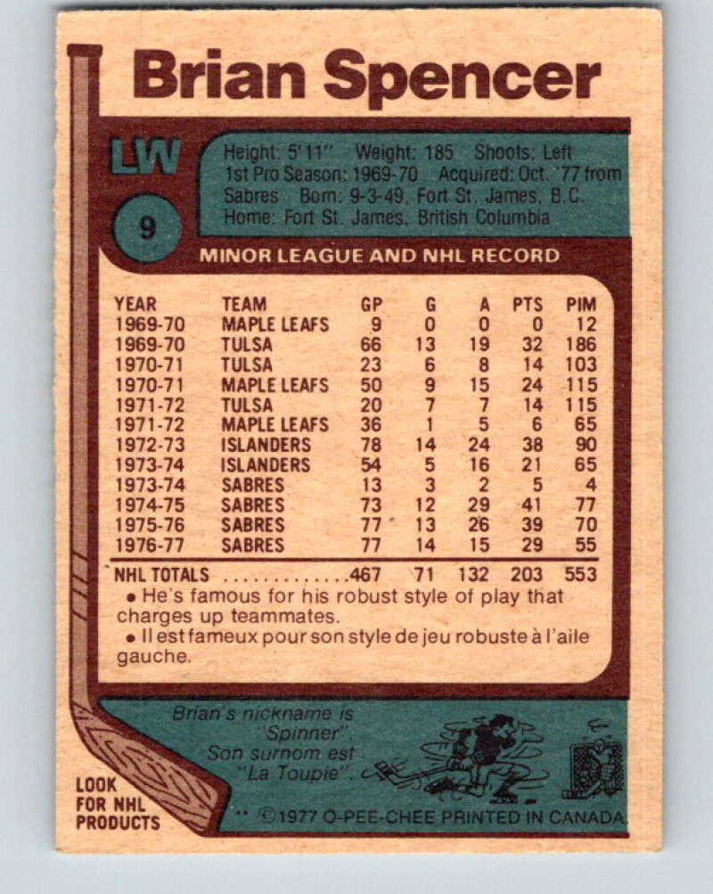 1977-78 O-Pee-Chee #9 Brian Spencer Pittsburgh Penguins V12970
