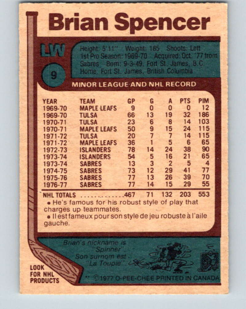 1977-78 O-Pee-Chee #9 Brian Spencer Pittsburgh Penguins V12971