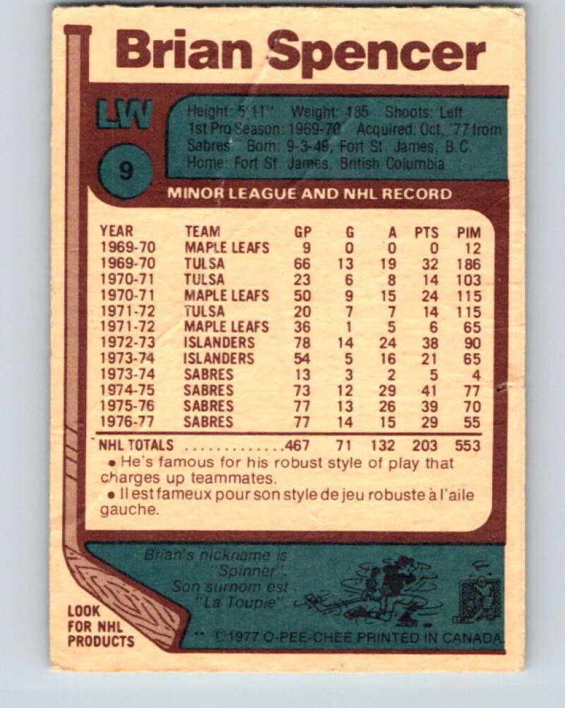1977-78 O-Pee-Chee #9 Brian Spencer Pittsburgh Penguins V12972