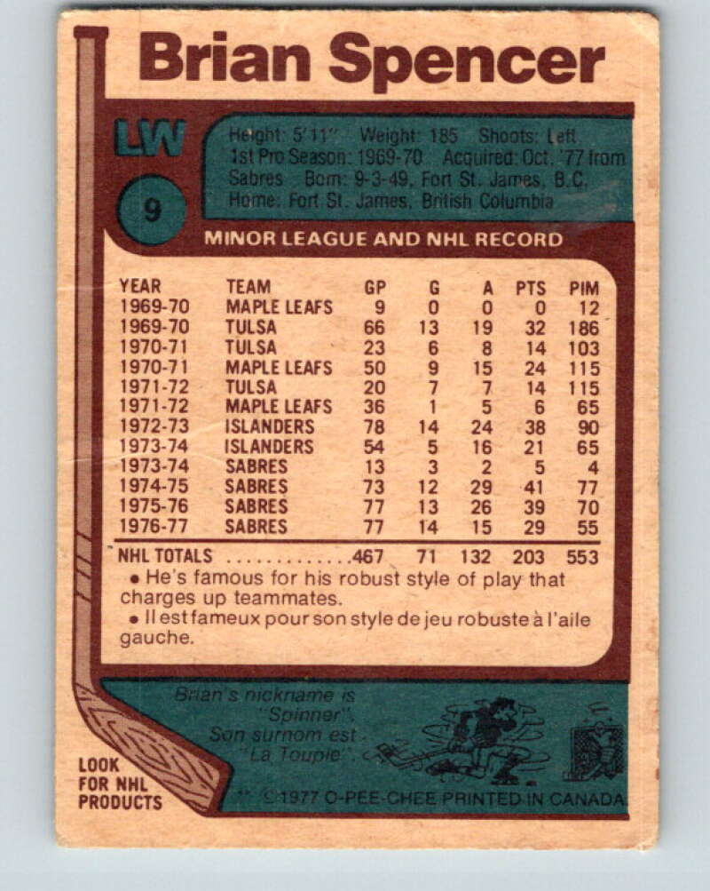 1977-78 O-Pee-Chee #9 Brian Spencer Pittsburgh Penguins V12973