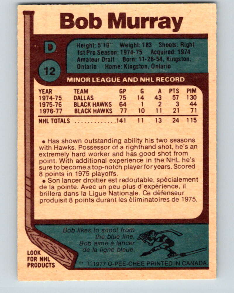 1977-78 O-Pee-Chee #12 Bob Murray Chicago Blackhawks V12986