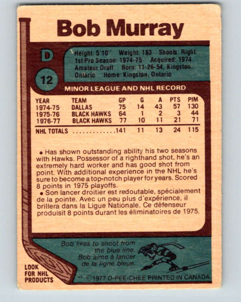 1977-78 O-Pee-Chee #12 Bob Murray Chicago Blackhawks V12993