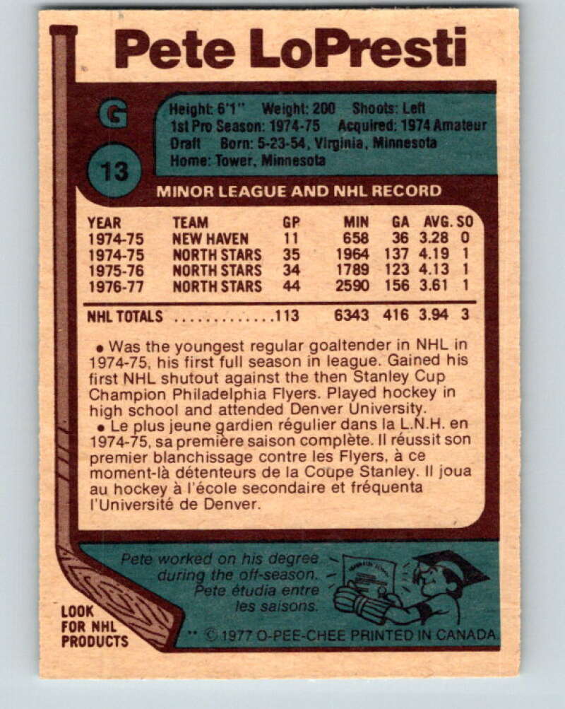 1977-78 O-Pee-Chee #13 Pete LoPresti Minnesota North Stars V12995
