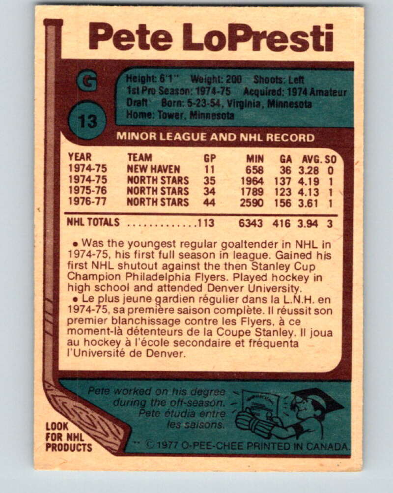 1977-78 O-Pee-Chee #13 Pete LoPresti Minnesota North Stars V12996