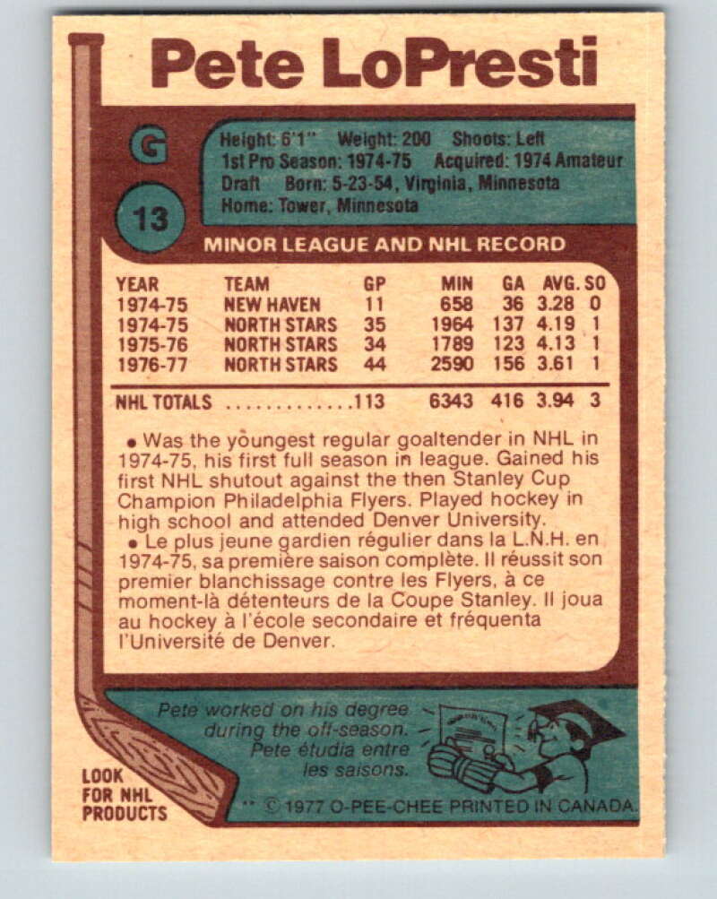 1977-78 O-Pee-Chee #13 Pete LoPresti Minnesota North Stars V12998