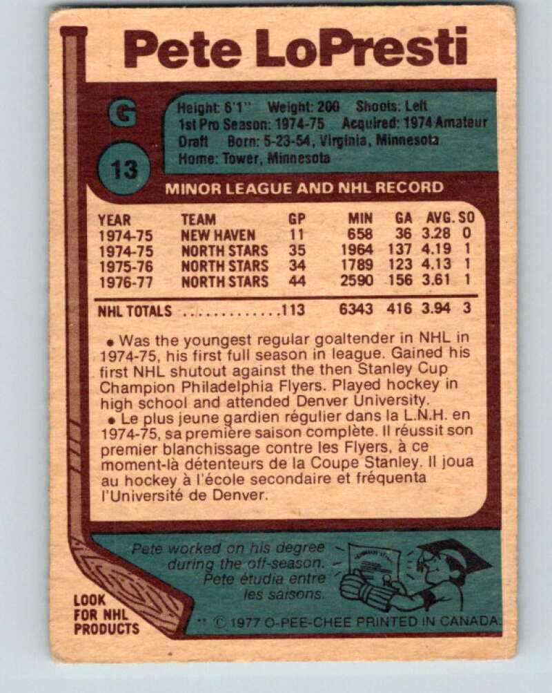 1977-78 O-Pee-Chee #13 Pete LoPresti Minnesota North Stars V12999