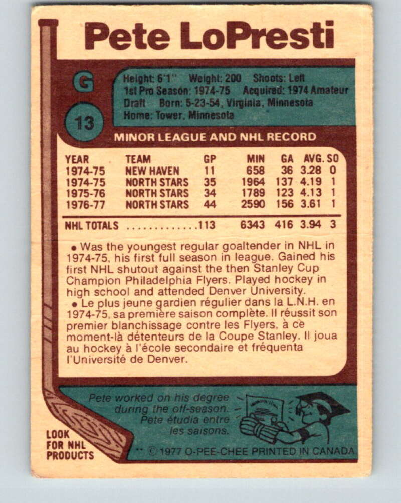 1977-78 O-Pee-Chee #13 Pete LoPresti Minnesota North Stars V13002