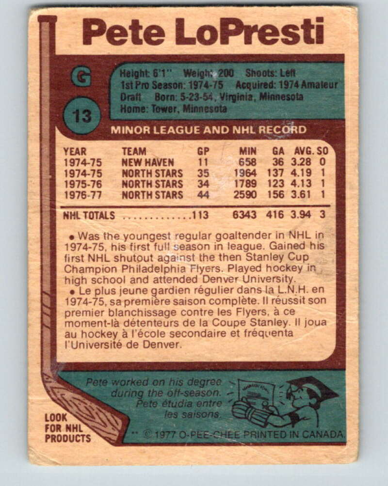 1977-78 O-Pee-Chee #13 Pete LoPresti Minnesota North Stars V13003
